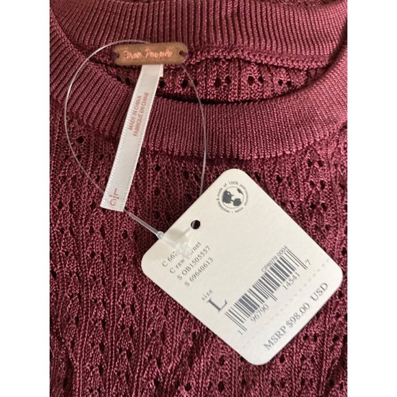 Free People H2O Sheer Knit Top Size Crewneck Pullover Long Sleeve Garnet Large - Picture 7 of 9